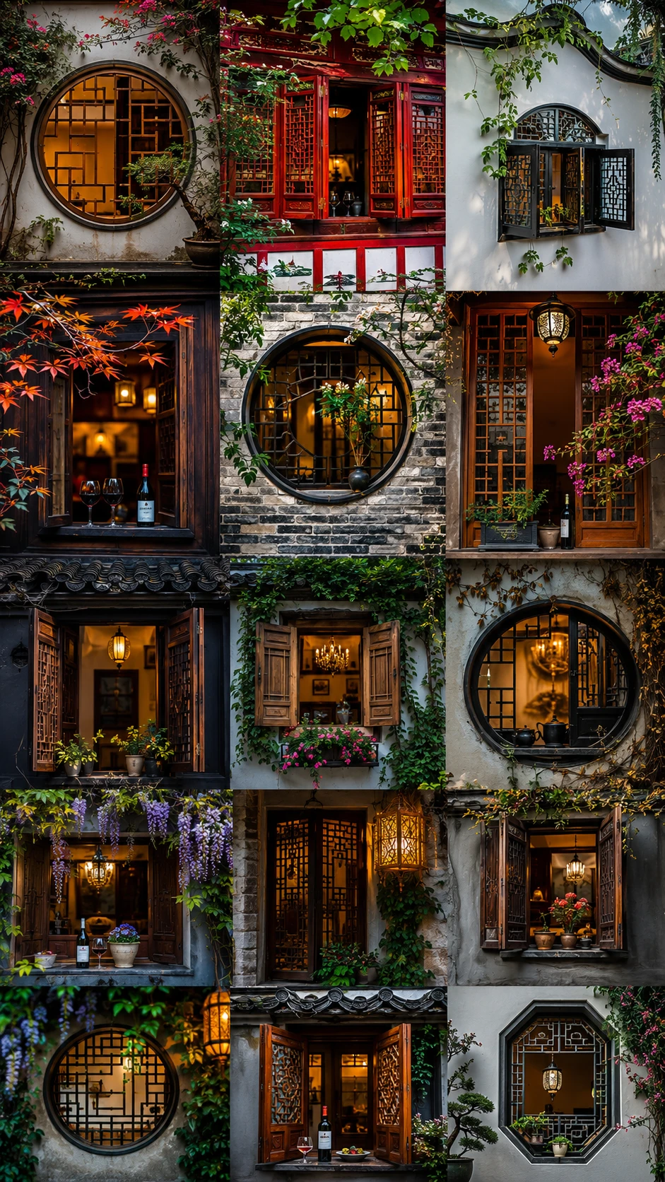 Collage de Coloridas Ventanas Orientales de Estilo Histórico y Zen