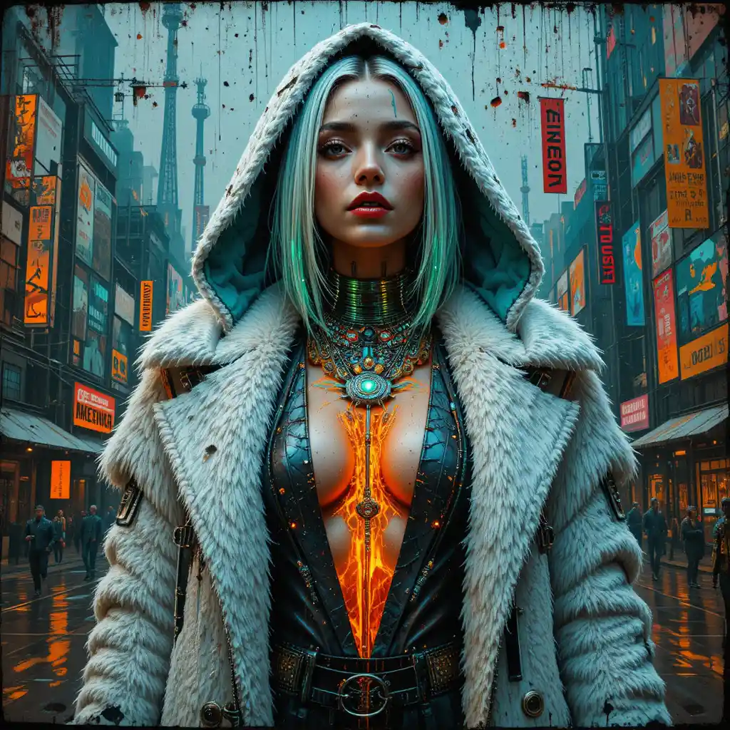사이버펑크 패션 여성이 거대한 스트리트 아트 벽화로 표현된 모습