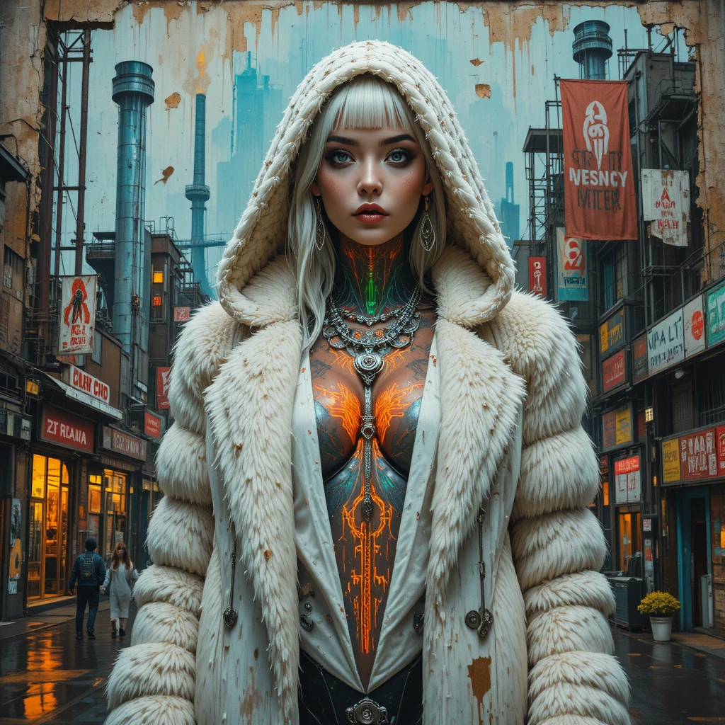 Cyberpunk fashion woman mural with glowing circuitry tattoos