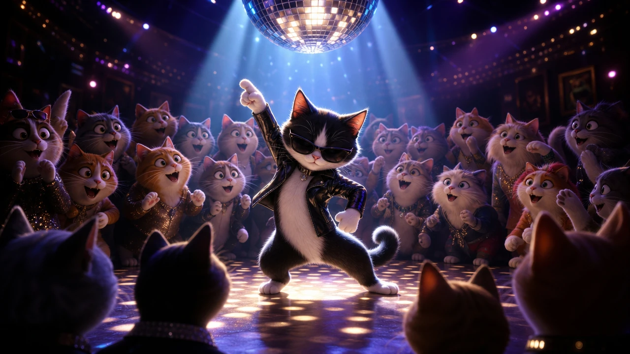 白黒のピクサー風ネコがディスコのフロアで踊る