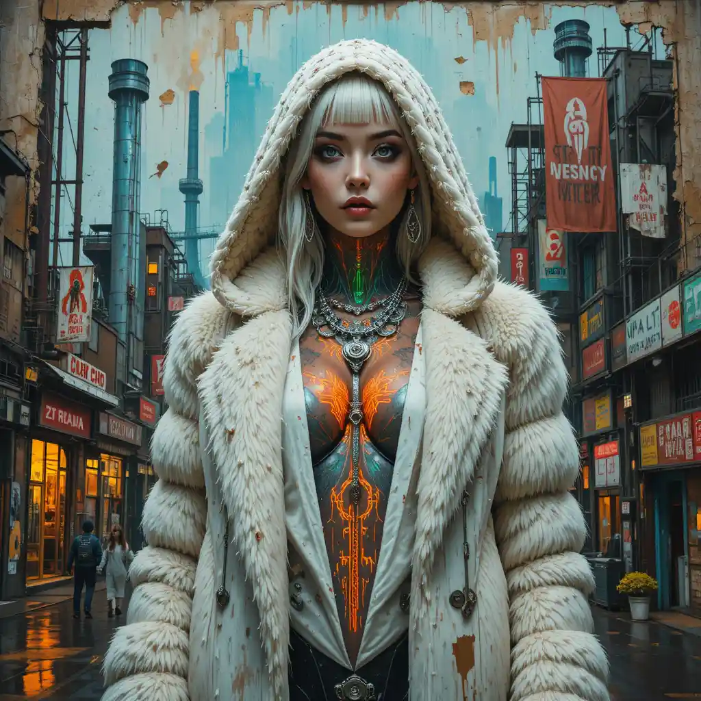 Cyberpunk fashion woman mural with glowing circuitry tattoos