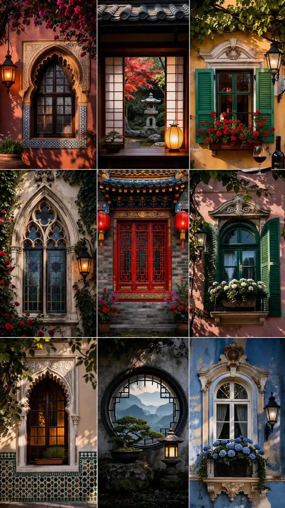 Colorful collage of historical zen oriental windows with decor