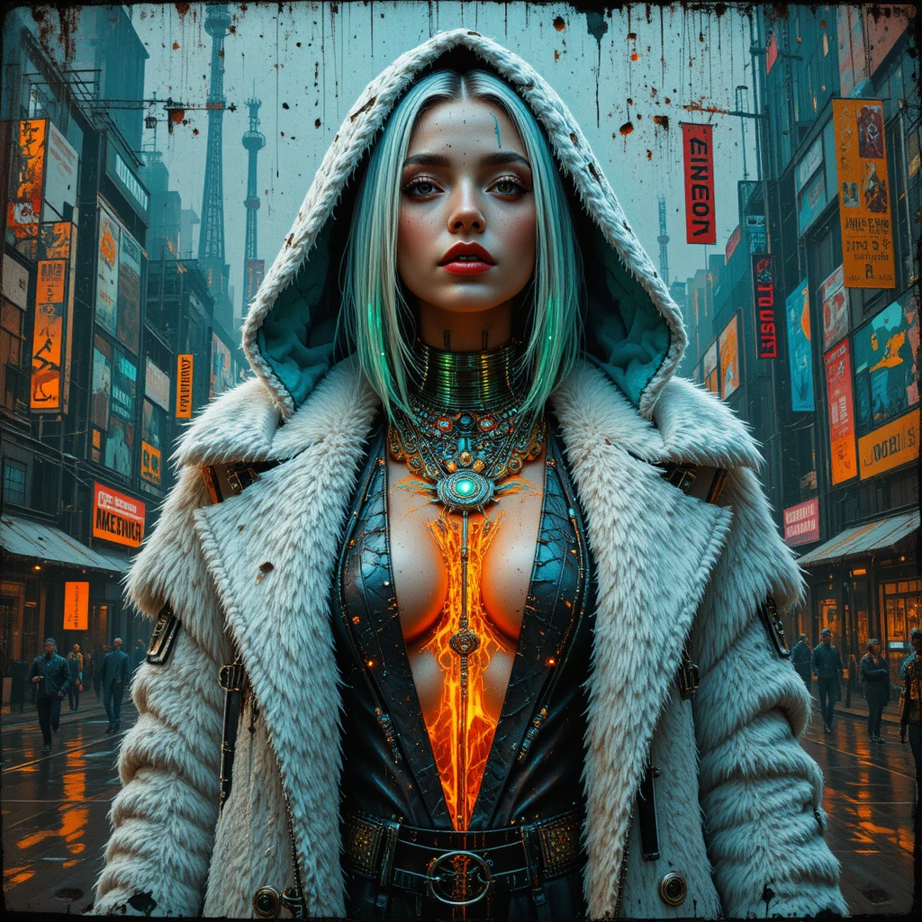 Mujer de moda cyberpunk como mural monumental de arte callejero