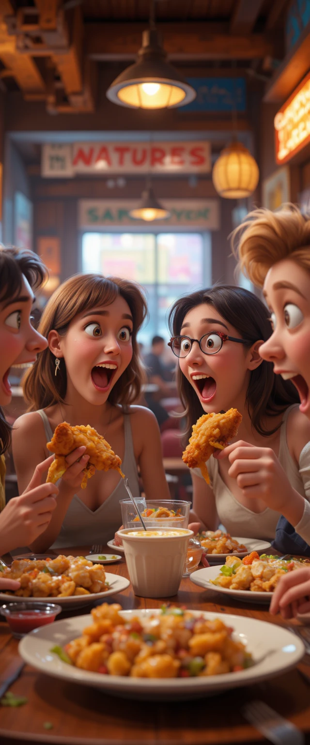 Amigos juguetones comiendo pollo frito desordenado en un restaurante luminoso