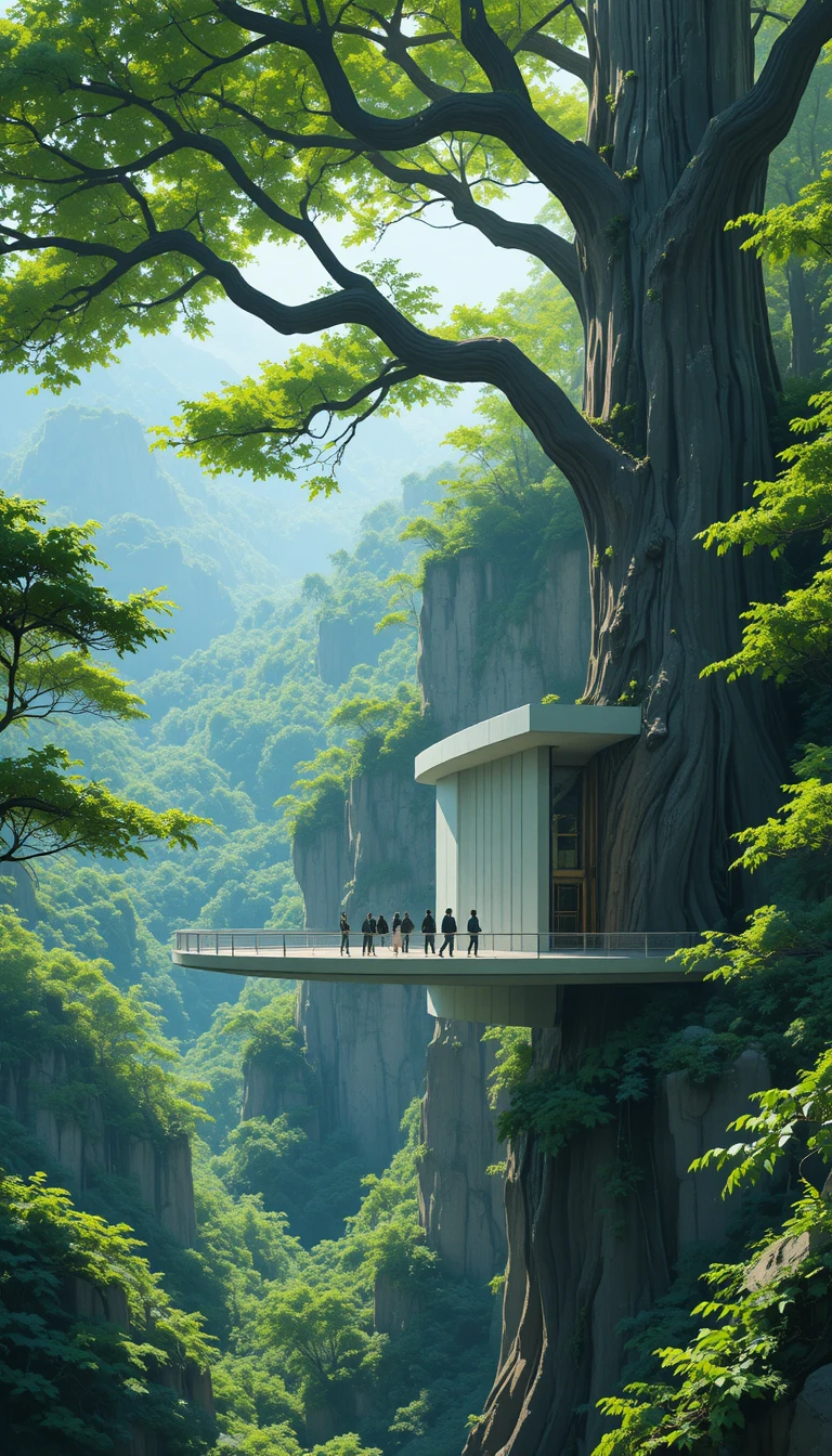 Futuristic building woven into giant tree and cliffside
