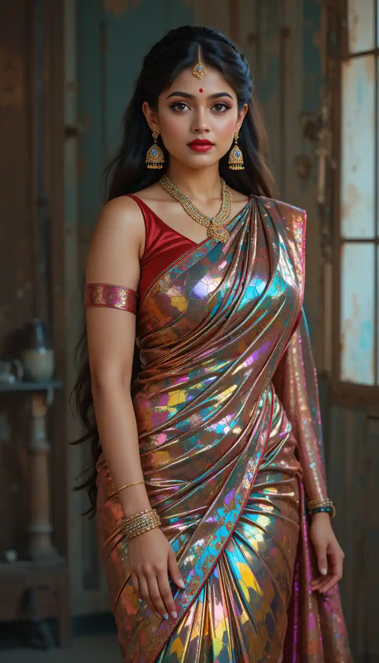 Tamil woman in glossy mirror saree bending in full pose