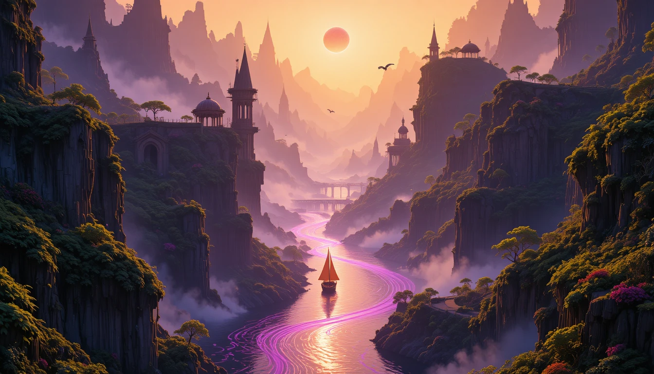 Sailboat On Magical River In Surreal Mountain Landscape