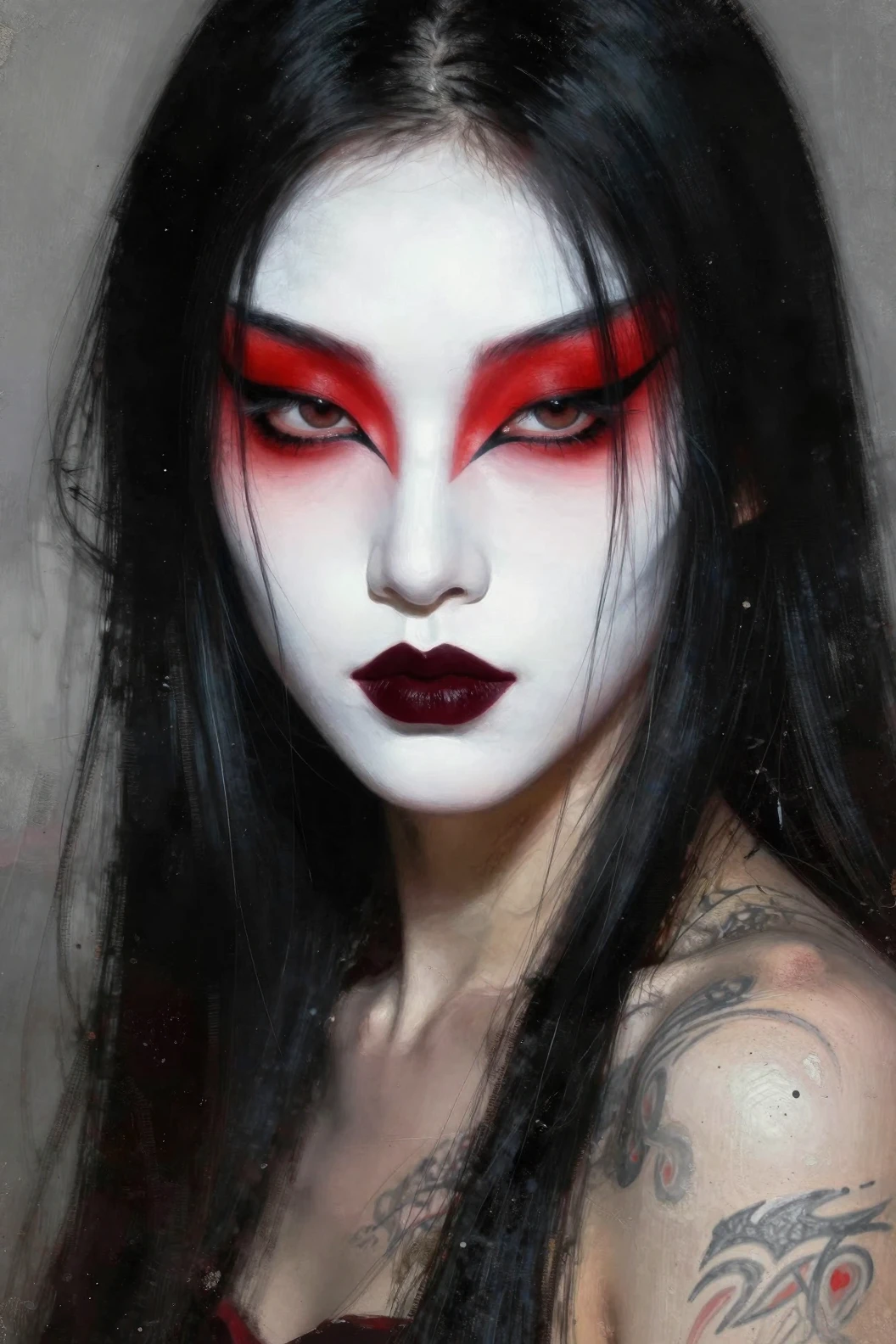 Primer plano intenso de una chica con maquillaje teatral de ojos rojos