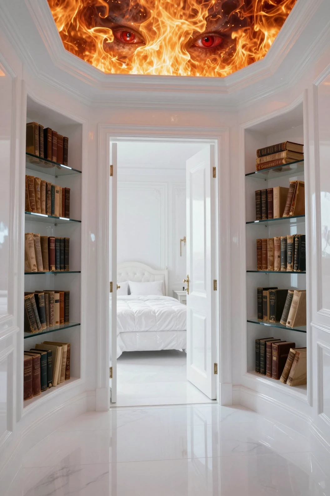 Habitación blanca vidriosa con techo ardiente y dormitorio abierto
