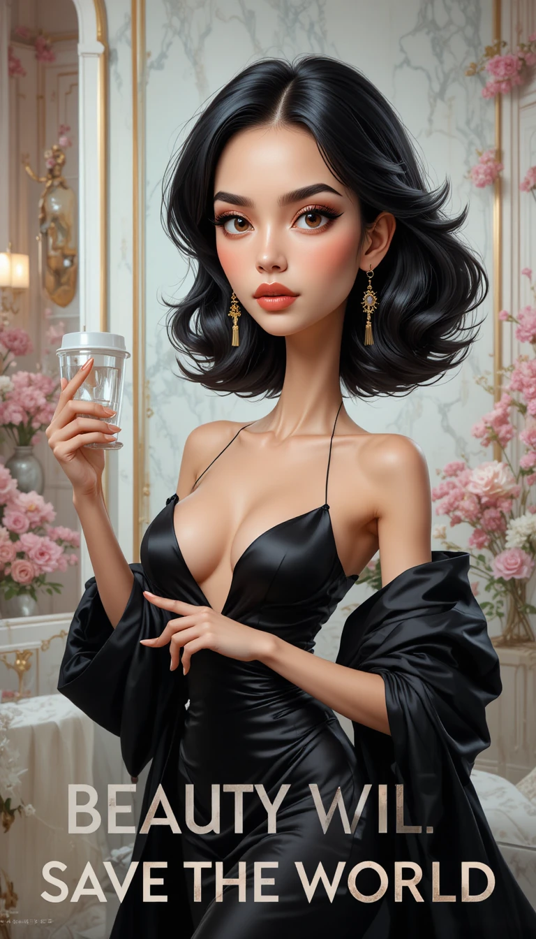 Mujer carismática en caricatura de moda con irónico eslogan de belleza