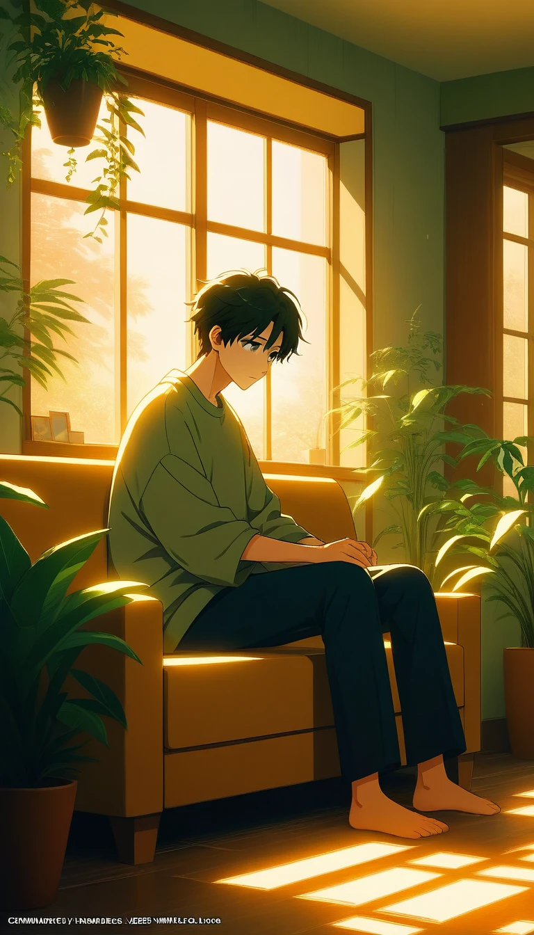 Hombre de anime melancólico en el sofá en una sala iluminada por el atardecer