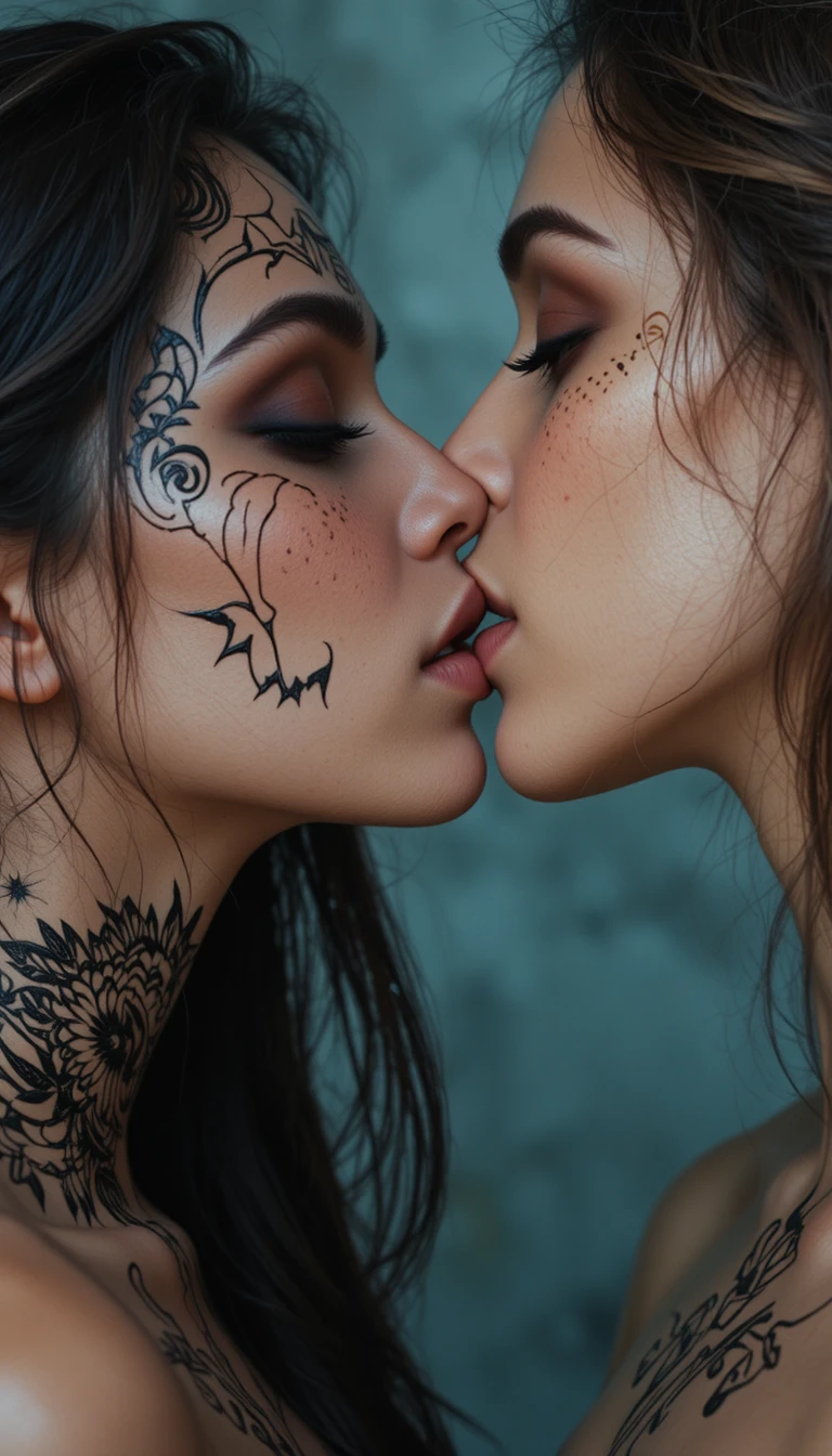 Primer plano sensual de dos mujeres besándose de perfil