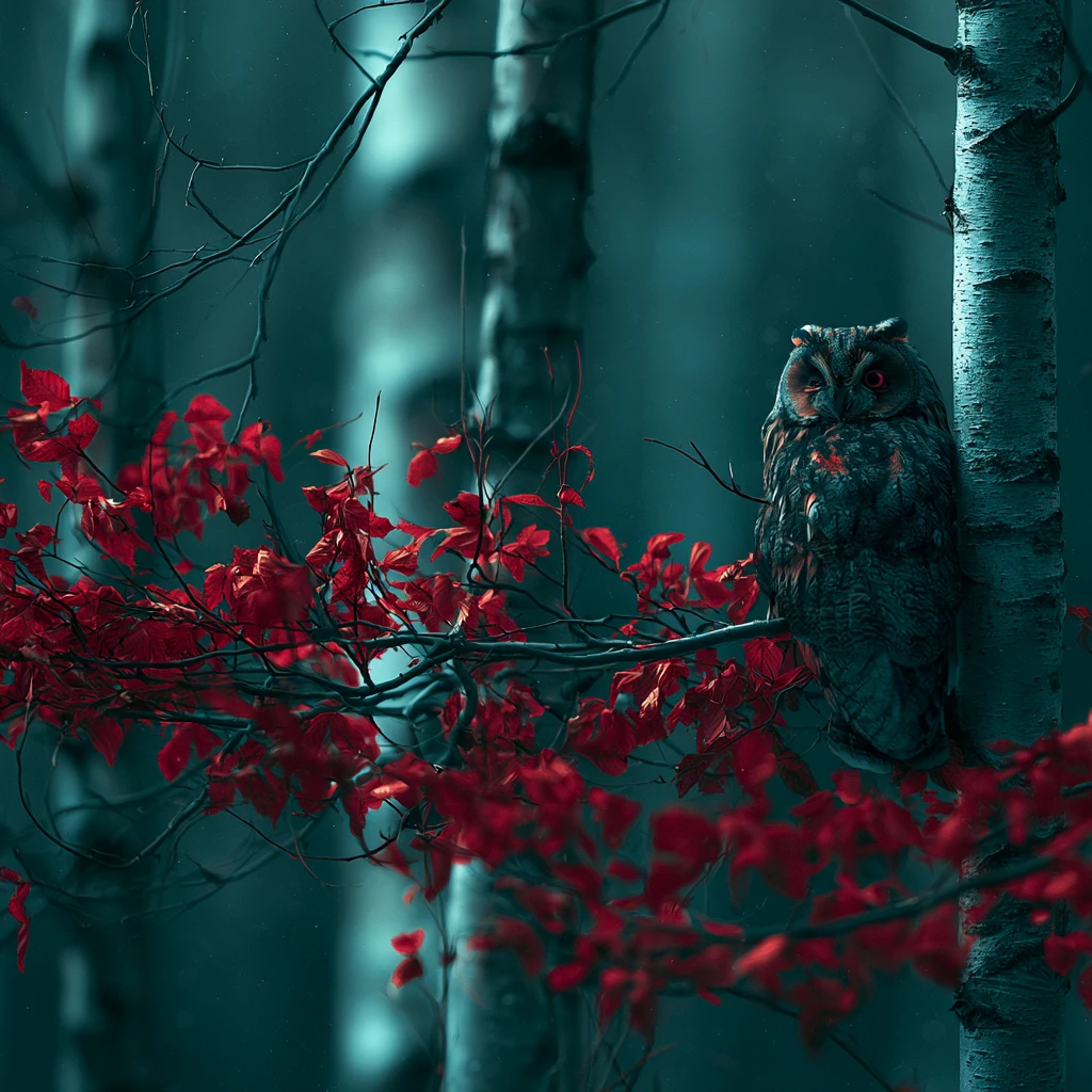 Búho descansando bajo las estrellas en un tranquilo bosque de otoño