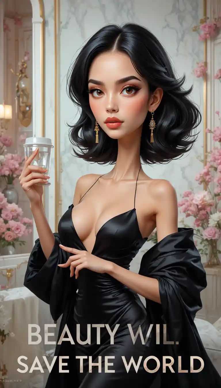 魅力時尚誇張漫畫風女子與反諷風格美麗標語