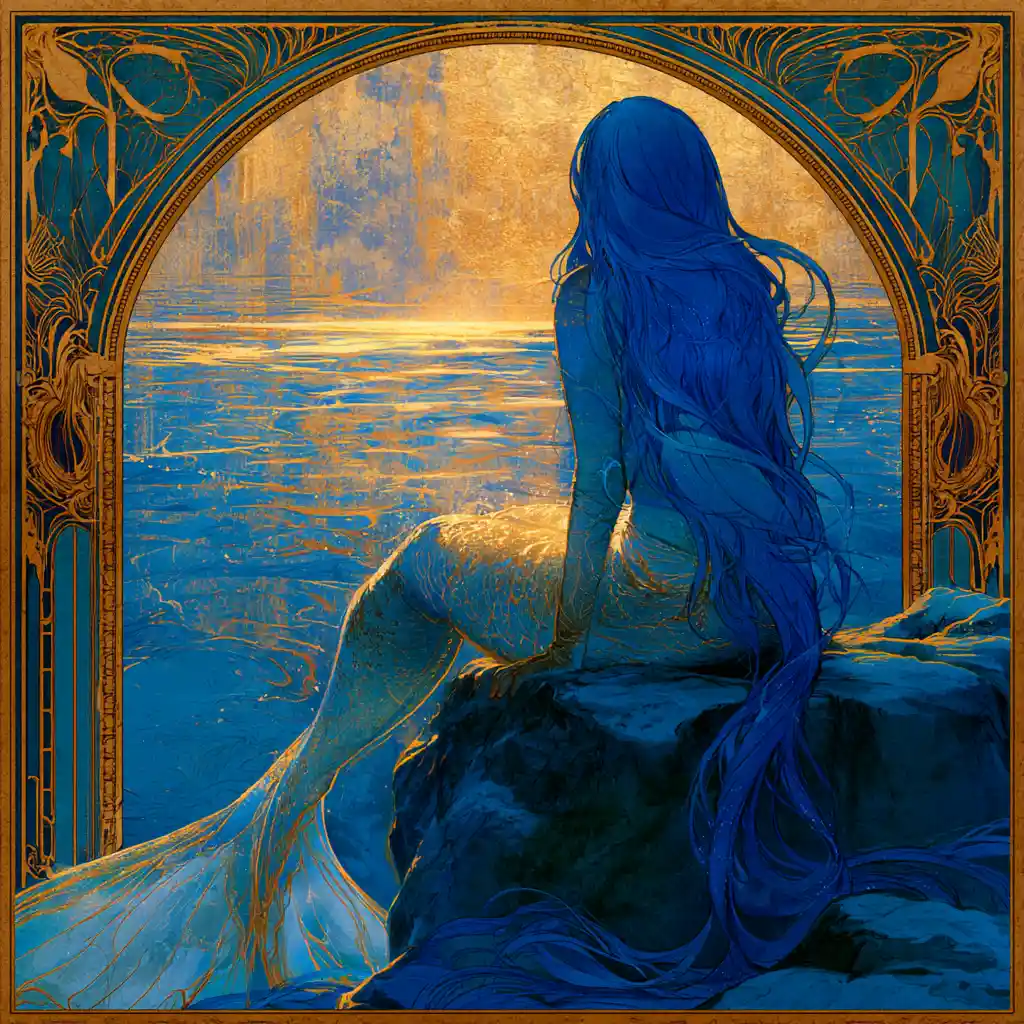 Mermaid With Flowing Blue Hair Gazing Over A Sunlit Sea