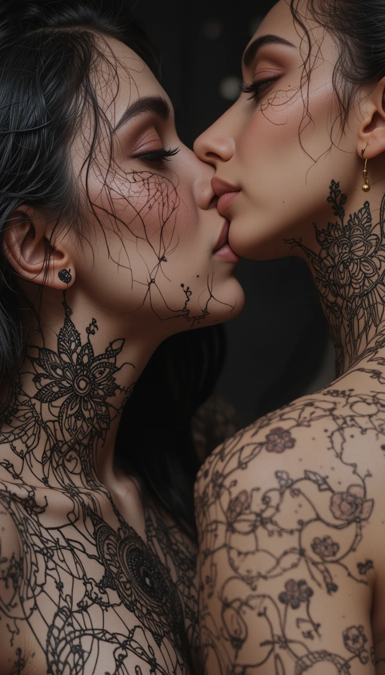 首筋にキスをする2人の女性の官能的なクローズアップ