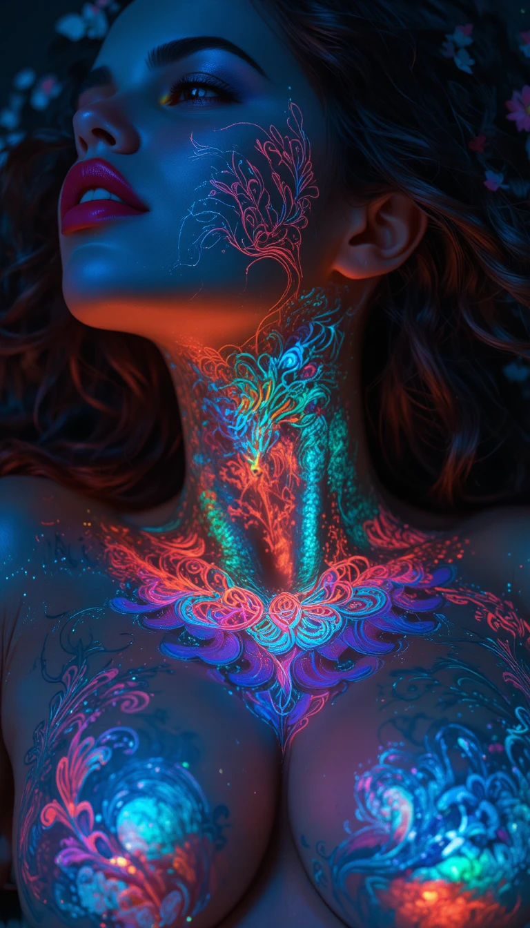 Mujer sensual con pintura corporal arcoíris luminosa en primer plano