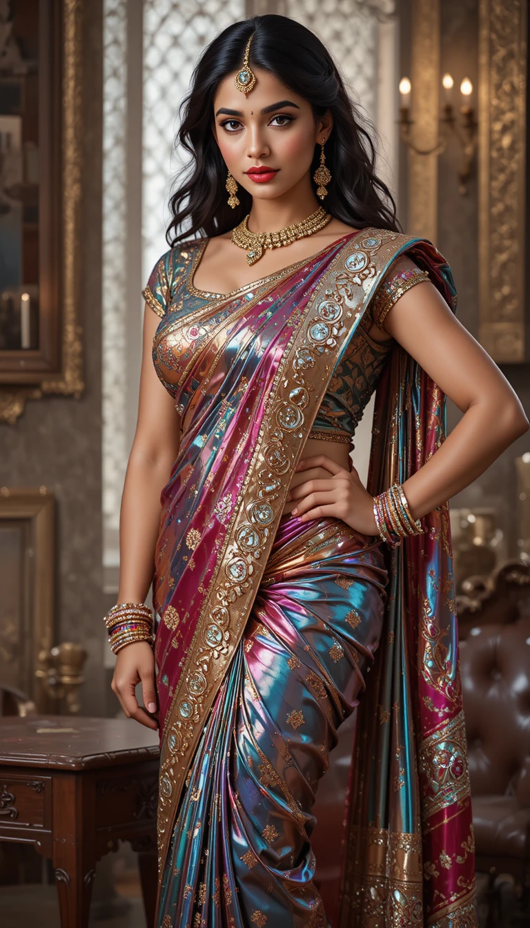 Mujer india con saree de espejos brillante en pose de cuerpo entero