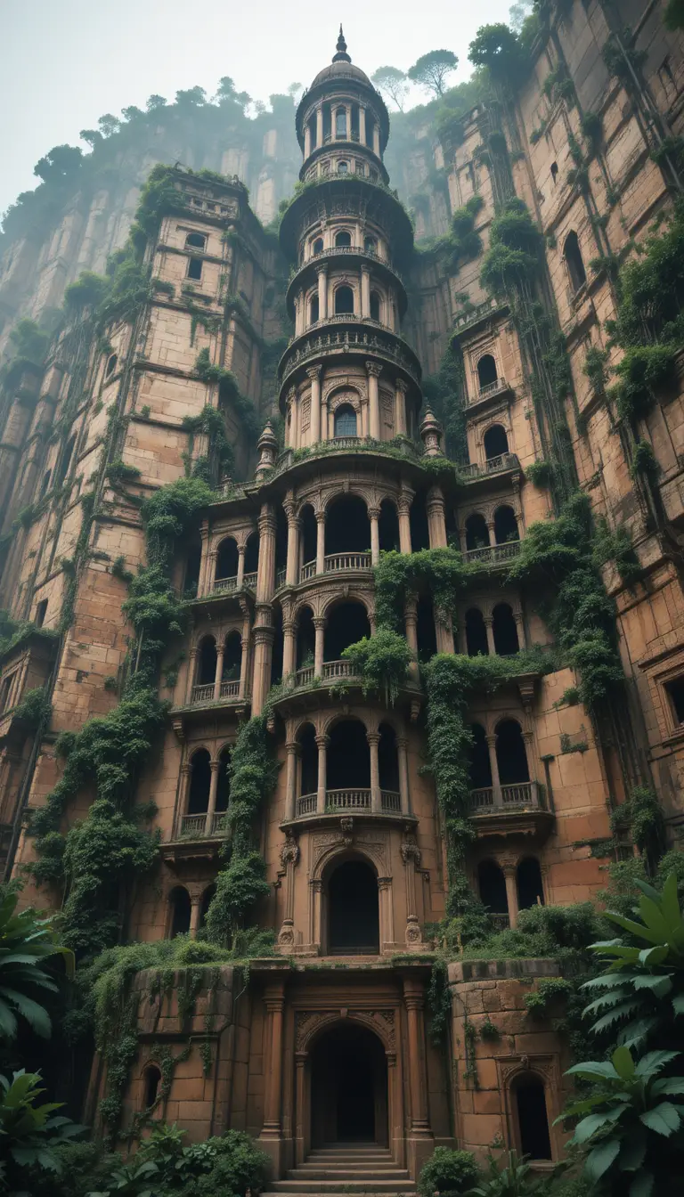 Ancient cliffside fortress entwined with lush green vegetation