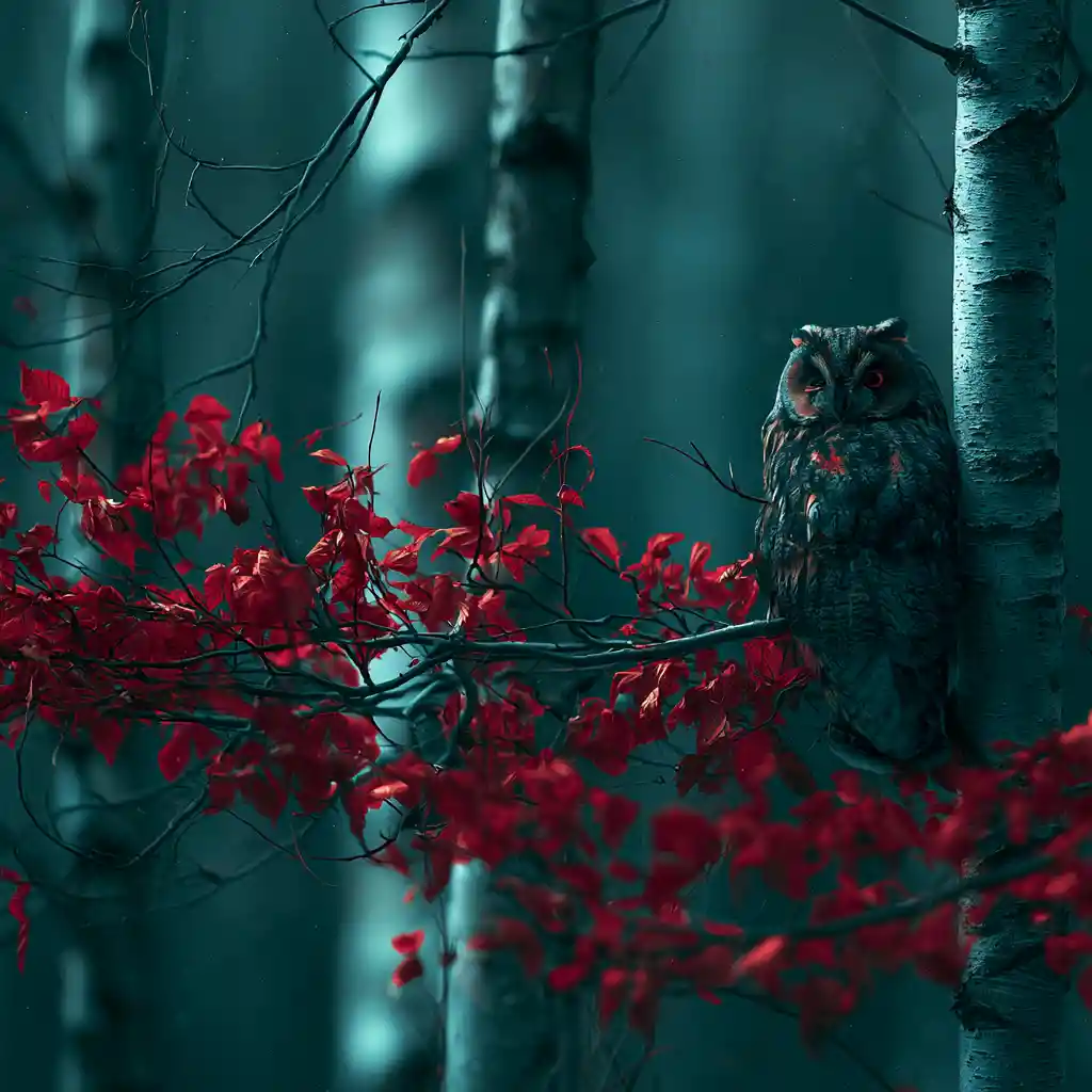 Eule ruht unter Sternen in einem stillen Herbstwald