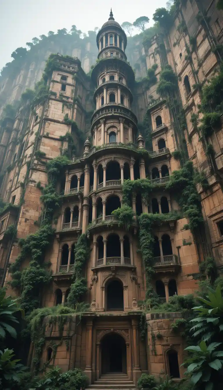 Ancient cliffside fortress entwined with lush green vegetation