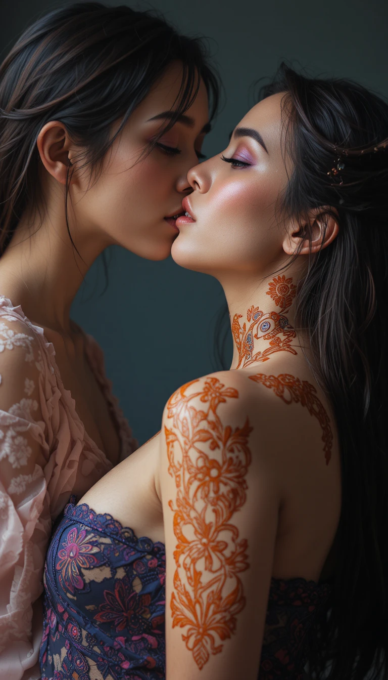 Beso sensual en la espalda de una mujer con arte tribal de henna