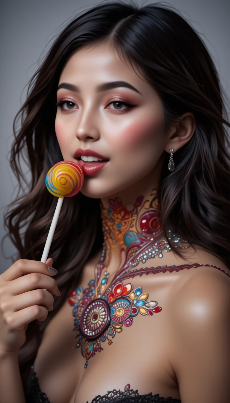 Primer plano seductor de una mujer lamiendo una paleta de colores