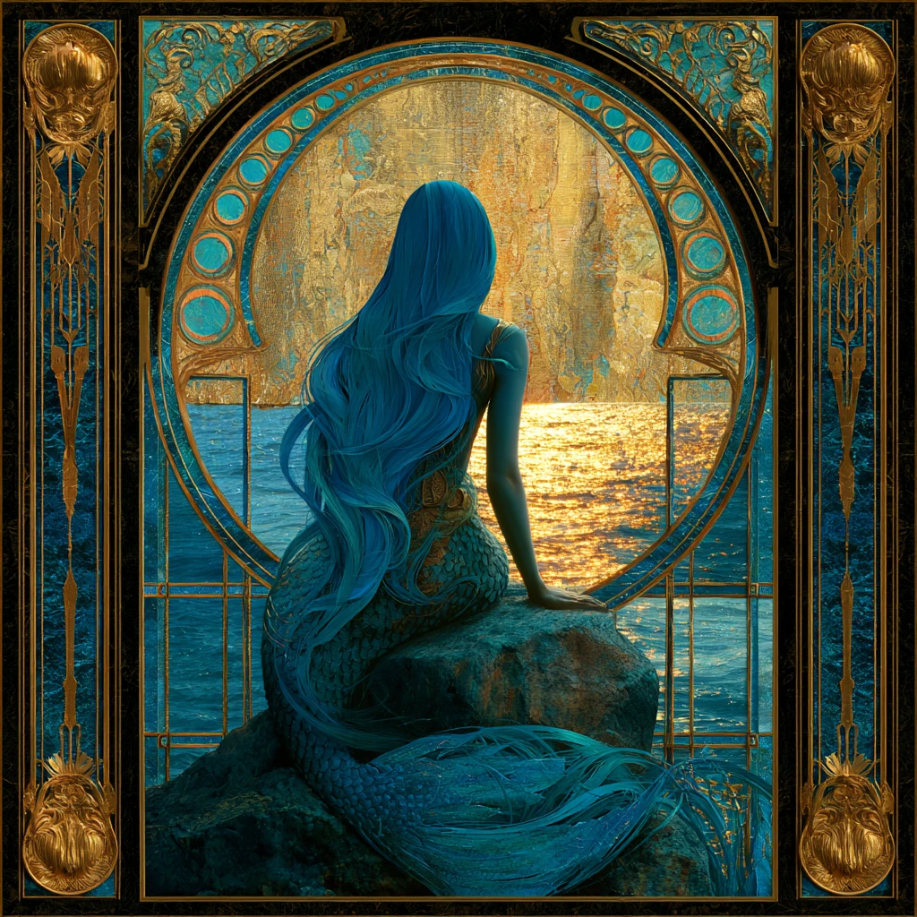 Sirena de Larga Cabellera Azul Contemplando un Mar Bañado por el Sol