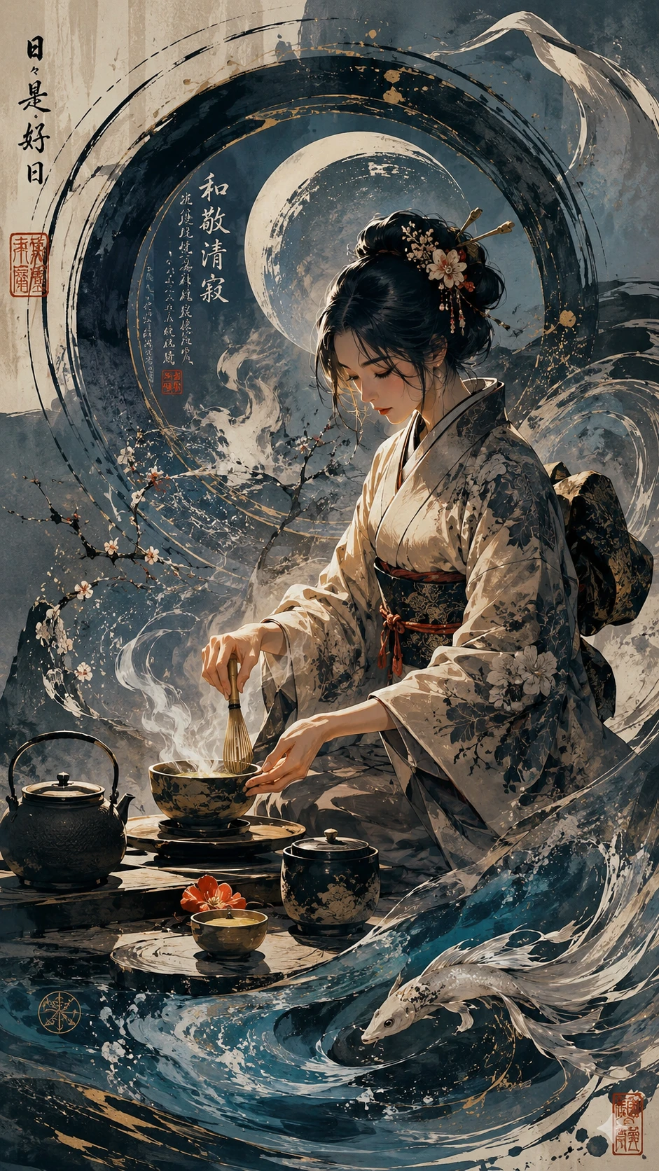 Mujer japonesa realizando una serena ceremonia del té con tinta fluida