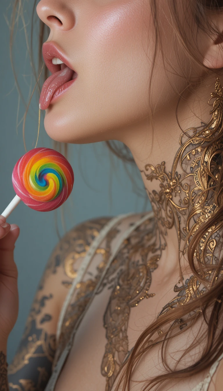 Sensual primer plano de una mujer lamiendo una paleta arcoíris