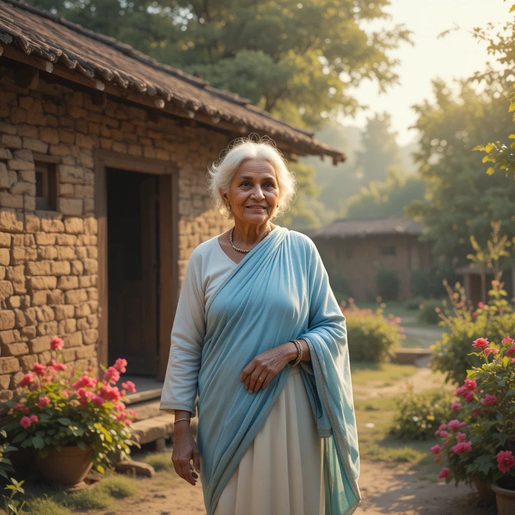 Amable abuela anciana frente a una tranquila casa de pueblo