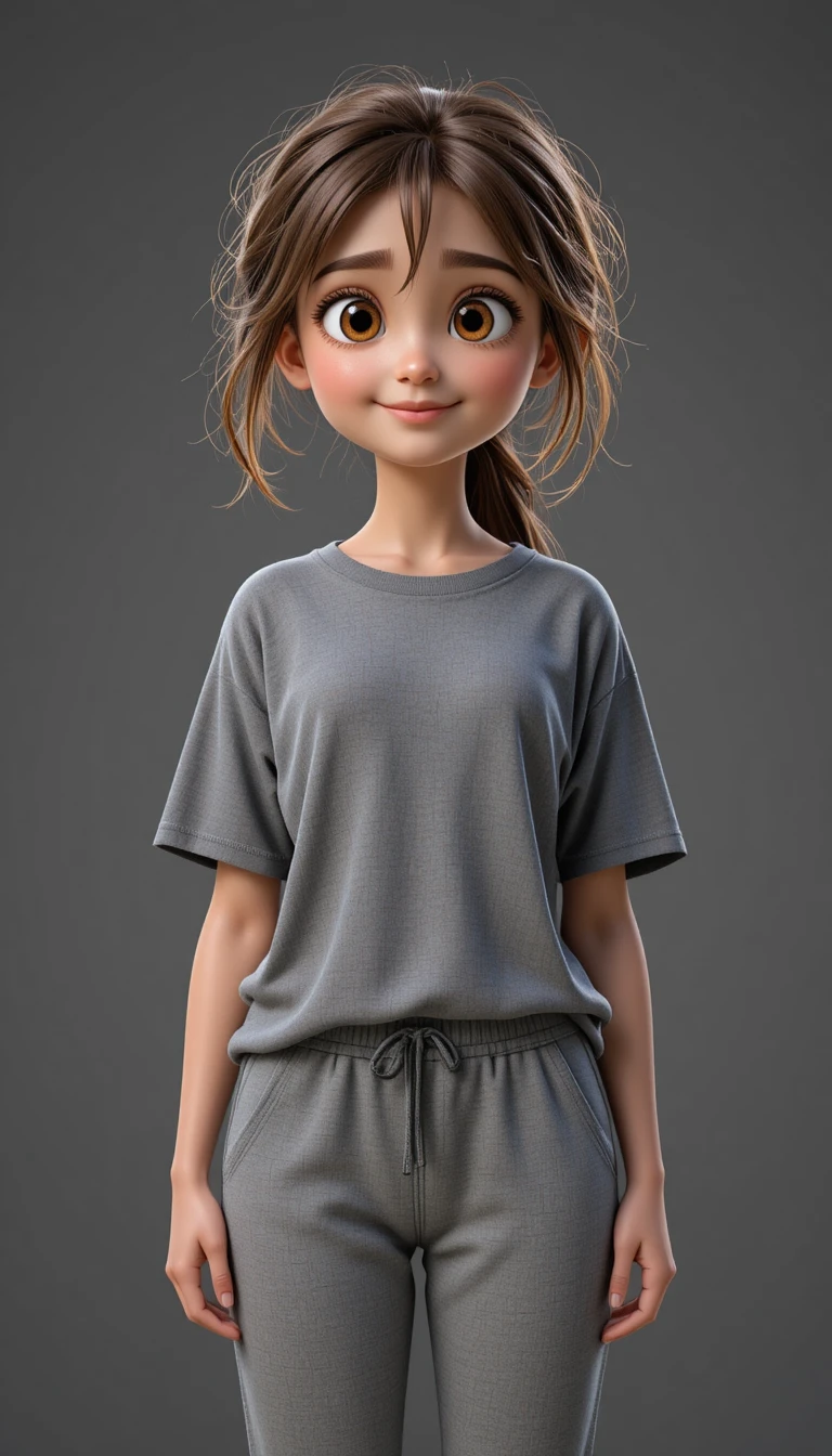 Chica 3D animada en ropa de estar en casa gris con el pelo despeinado