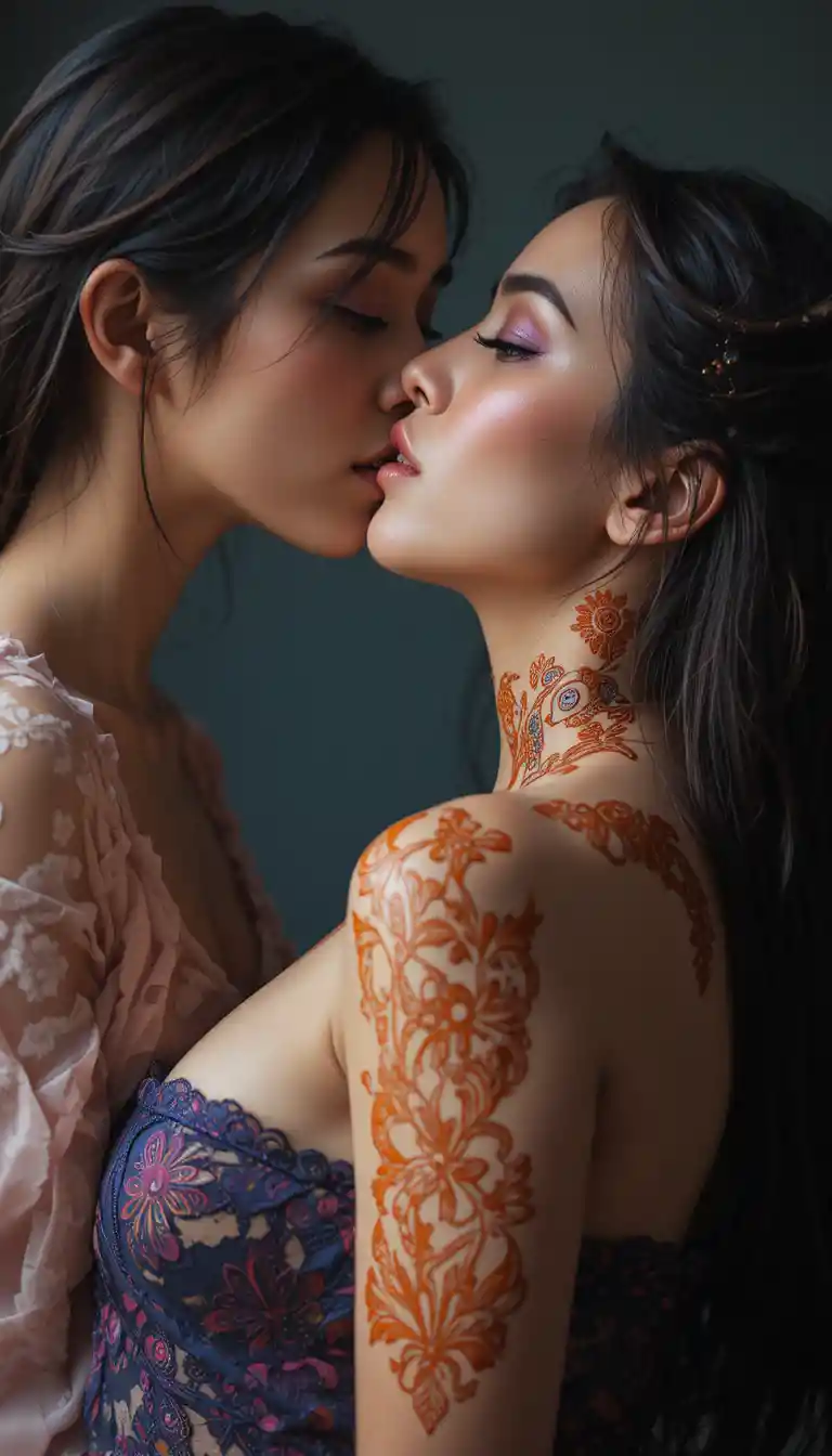 Beijo sensual nas costas de uma mulher com arte tribal de hena
