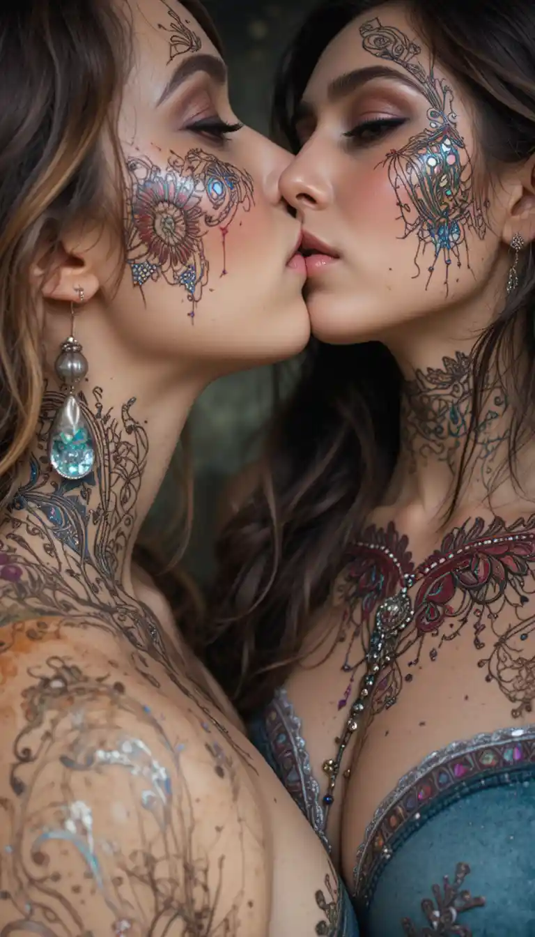Sensual close up of two women kissing with tribal rainbow henna