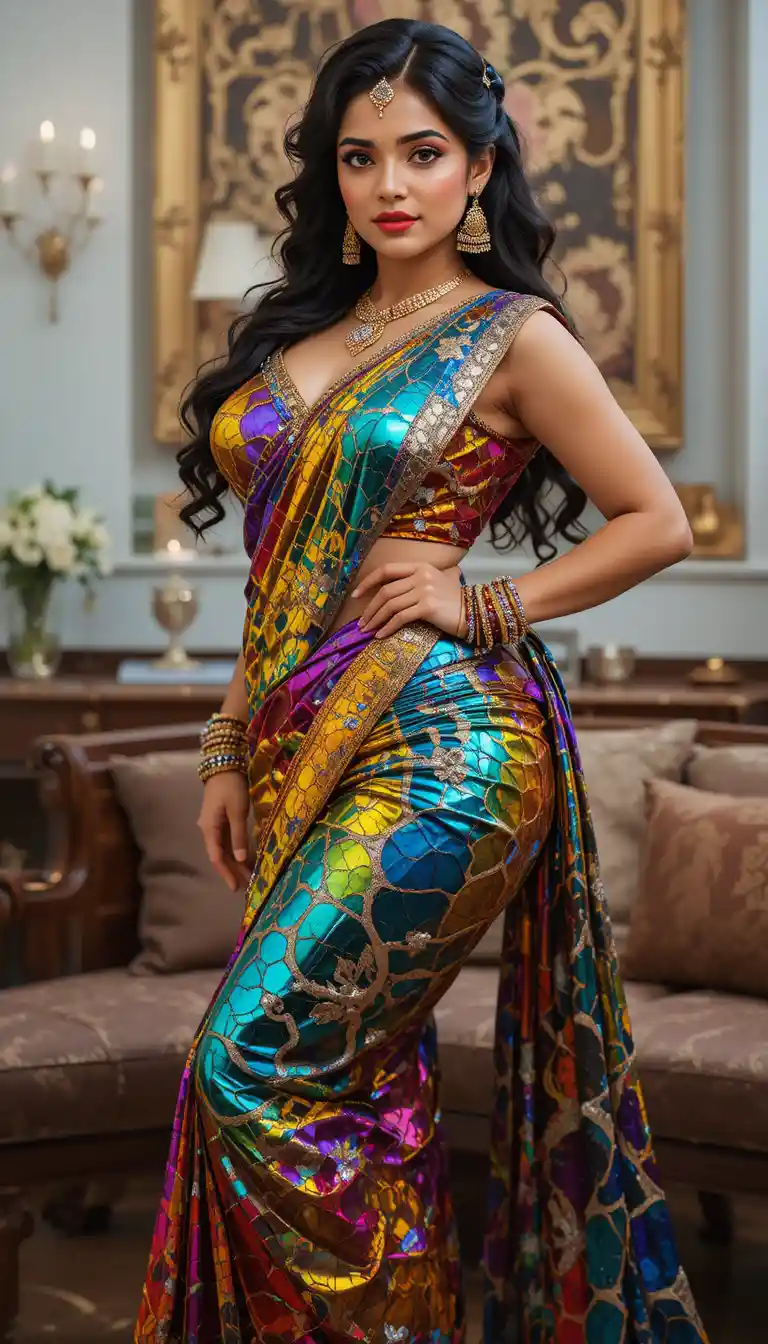 Glamorous Indian woman in reflective saree bending at the waist