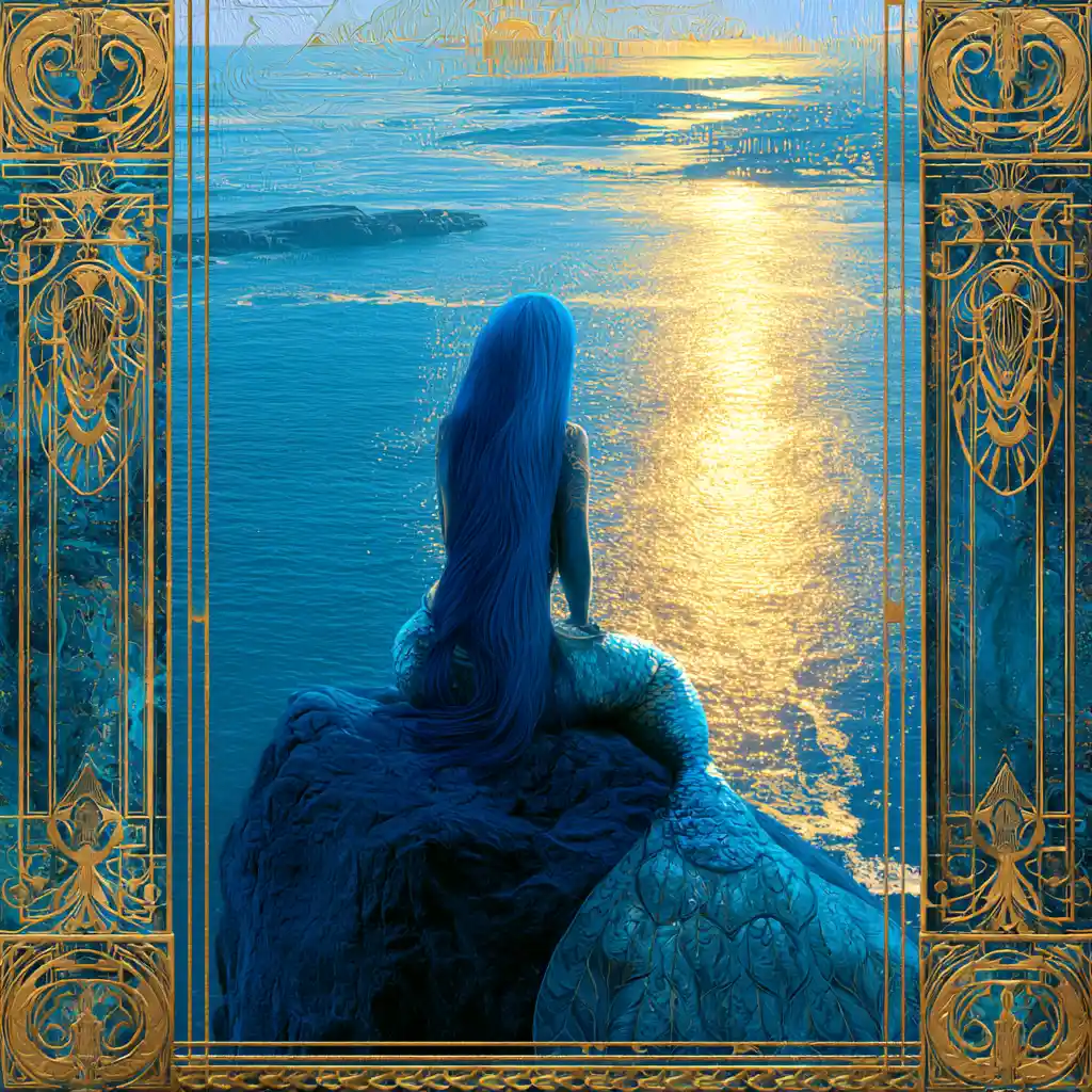 Mermaid With Flowing Blue Hair Overlooking A Sunlit Sea