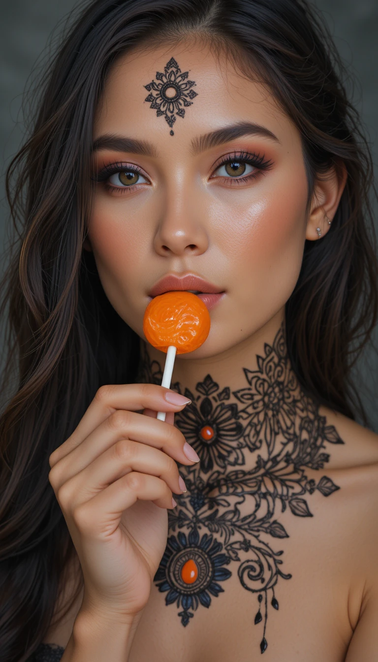 Mujer con paleta naranja y henna de mandala en el cuello