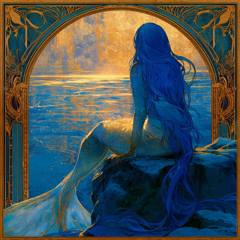 Mermaid With Flowing Blue Hair Gazing Over A Sunlit Sea