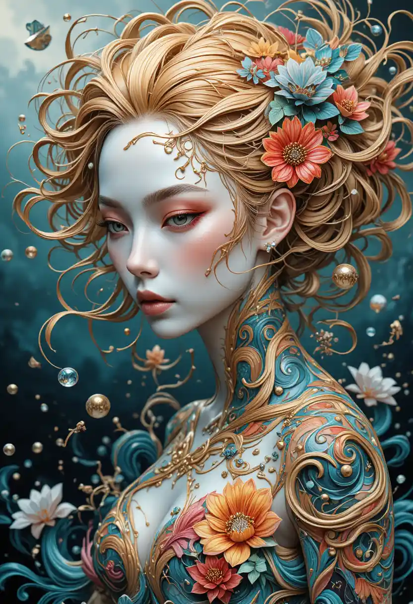 Ainu inspired woman with flowing ocean tattoo illustration