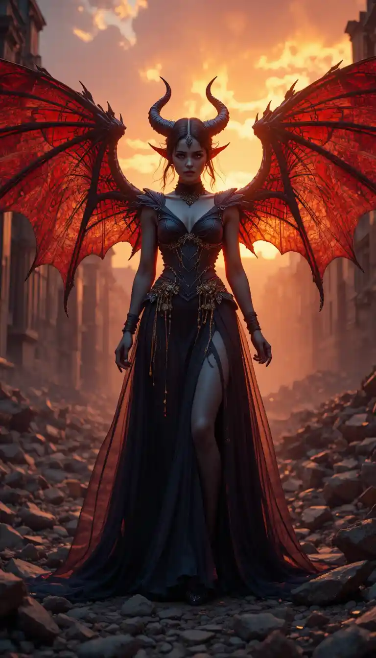 Mujer demoníaca con alas sobre las ruinas ardientes de una ciudad victoriana