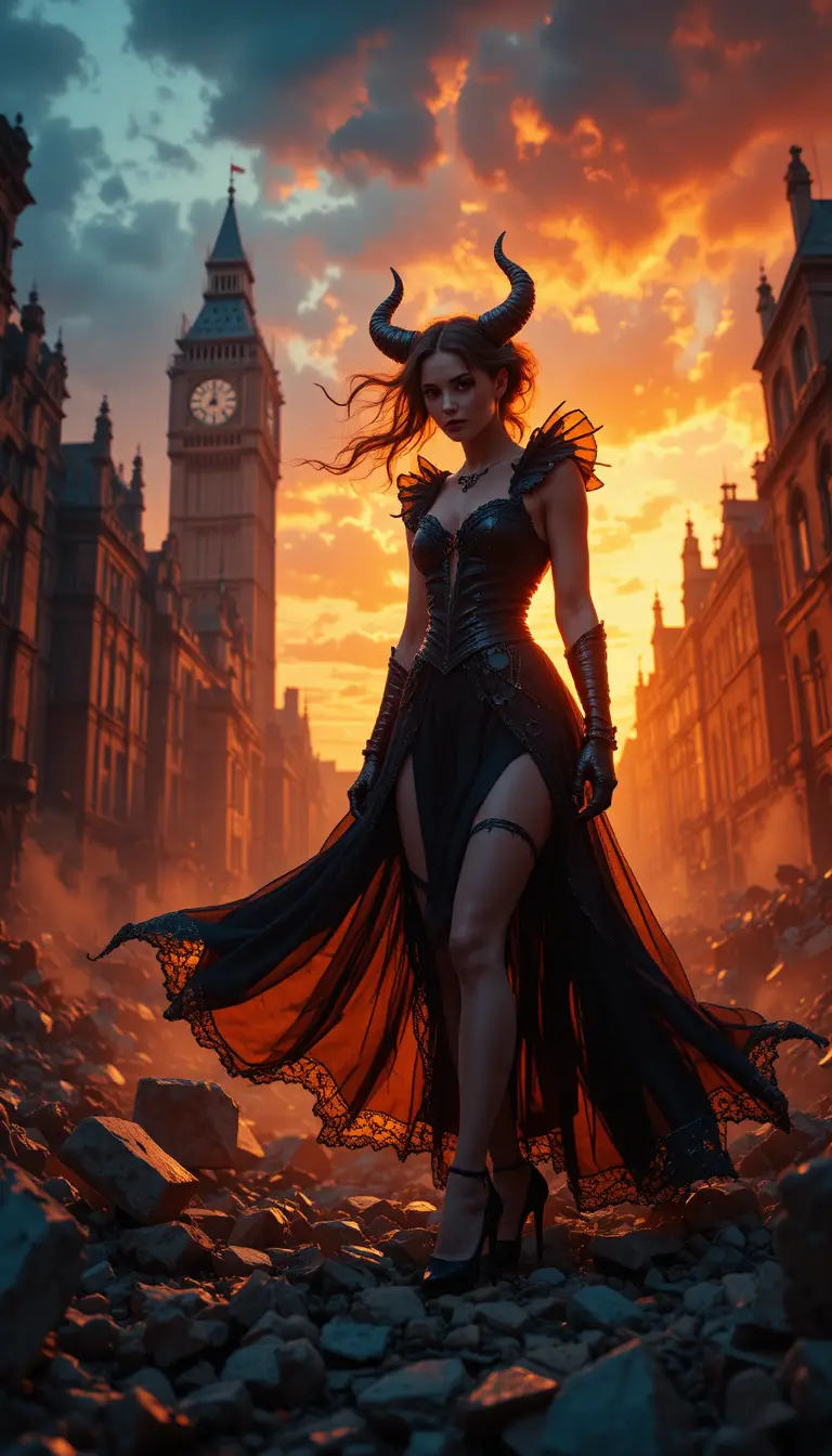 夕暮れの燃えさかるヴィクトリア朝ロンドンの廃墟に立つ悪魔の女