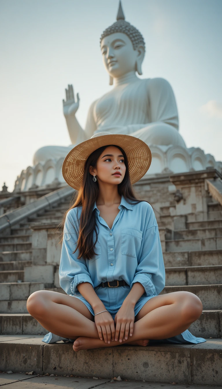 Chica reflejando una enorme estatua de Buda blanca en escalones de piedra