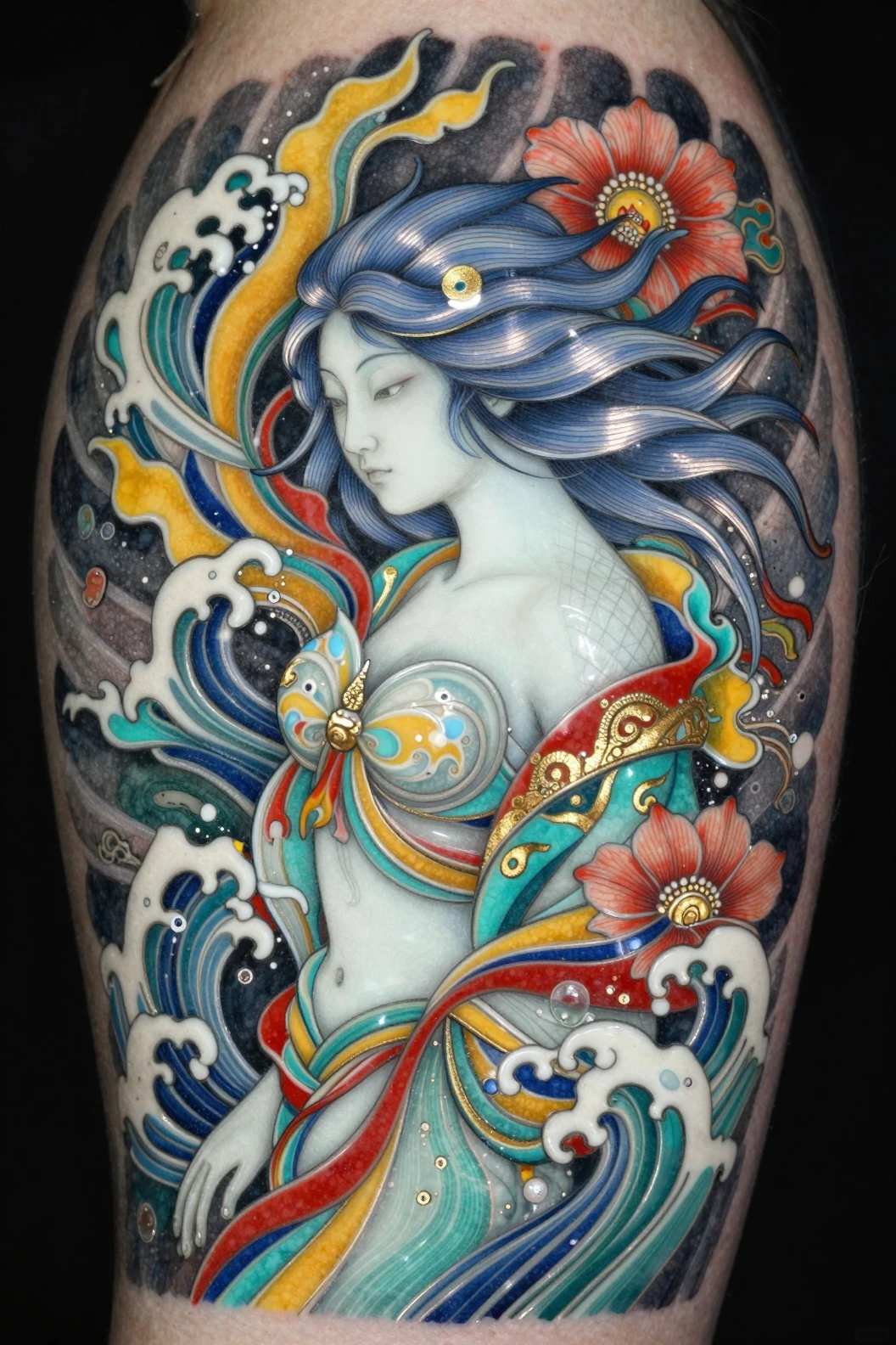 Retrato de una mujer Ainu con motivos oceánicos de inspiración tatuaje