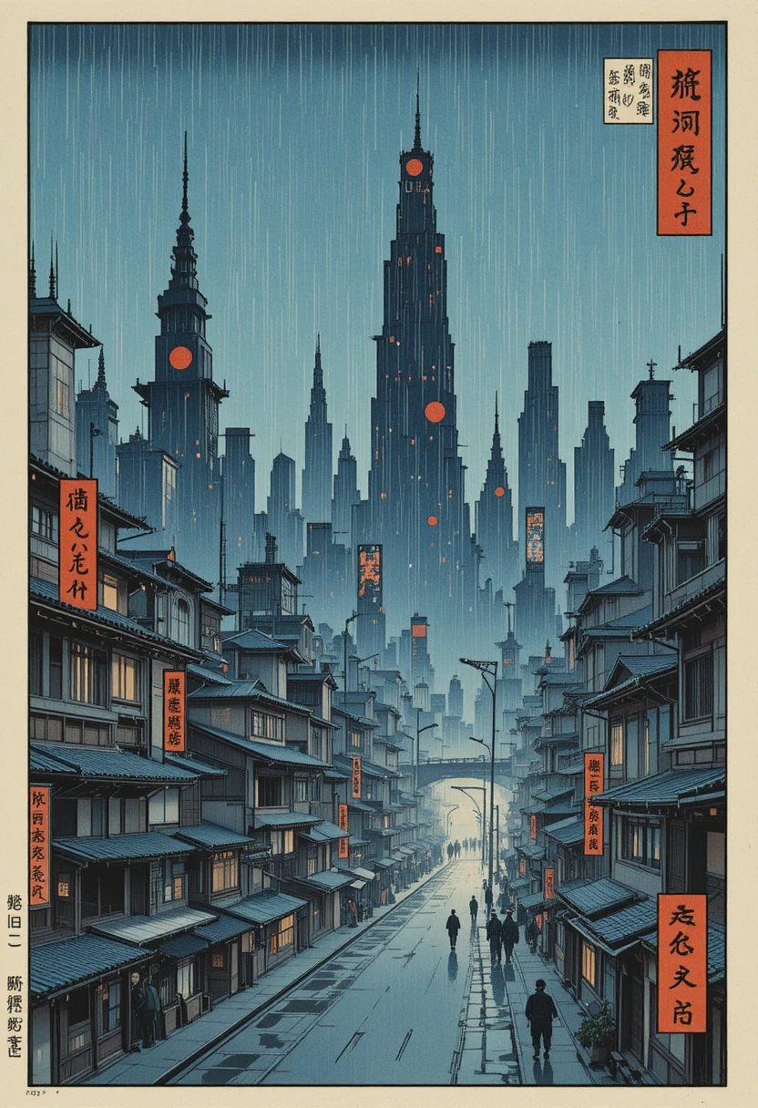 Ciudad futurista bajo lluvia intensa como estampa ukiyo-e