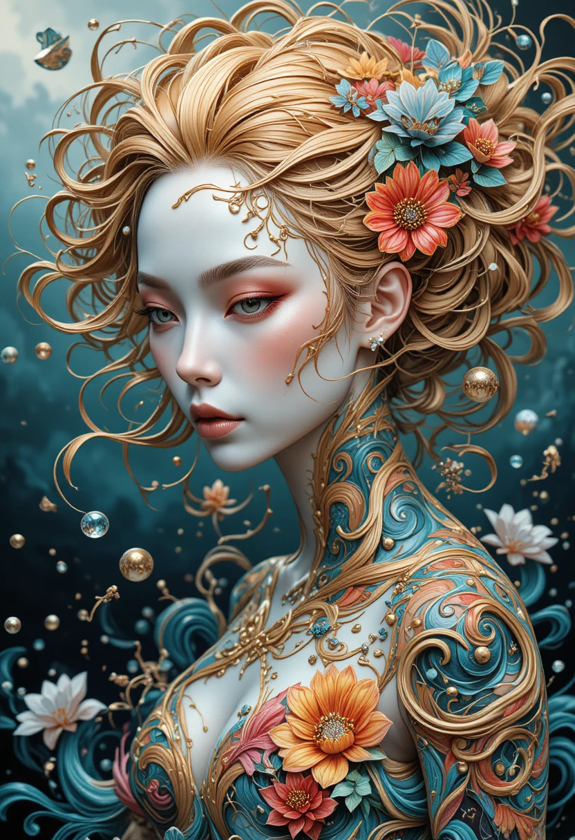 Ainu inspired woman with flowing ocean tattoo illustration