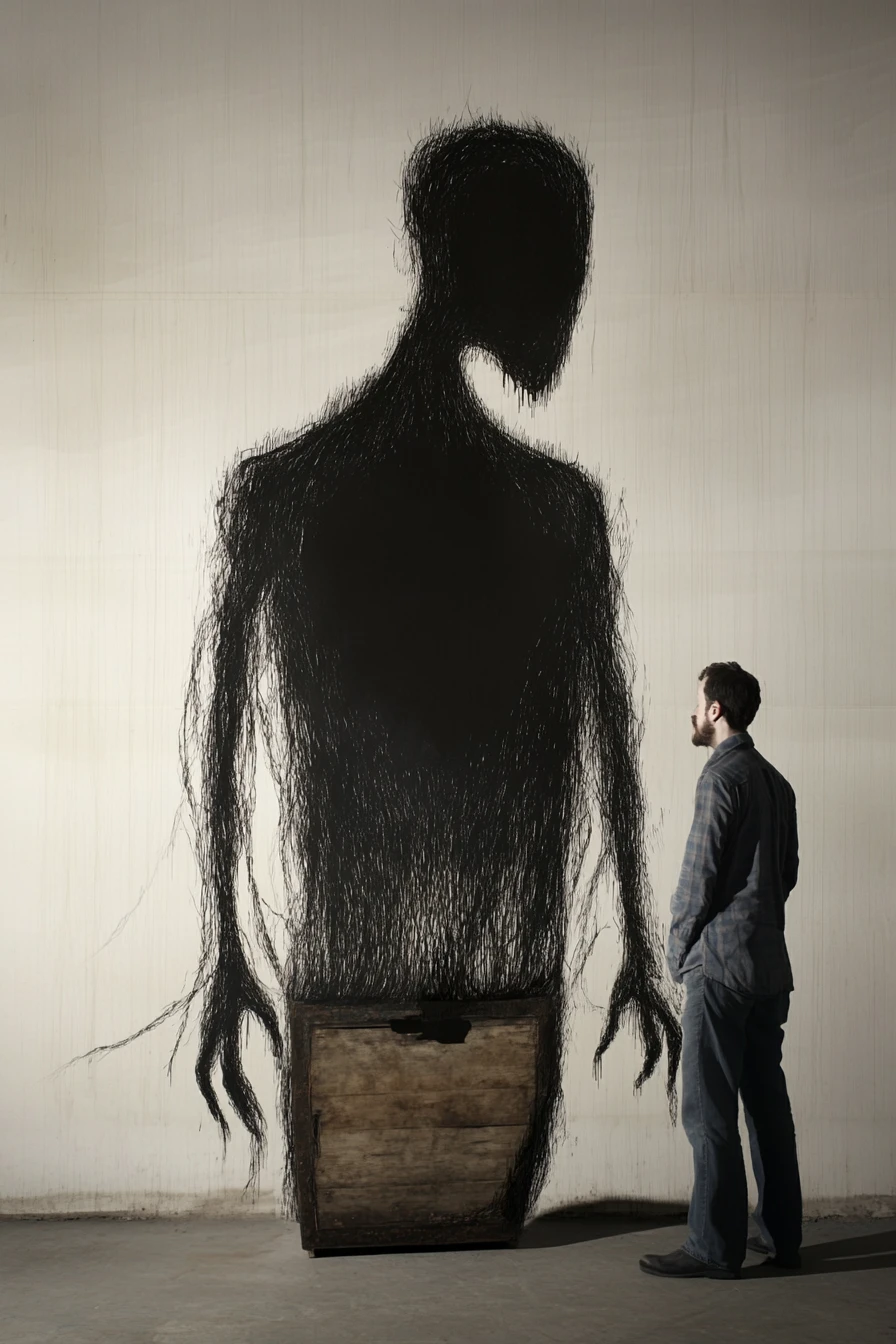 Figura d’ombra surreale che tende verso una forma ideale vuota