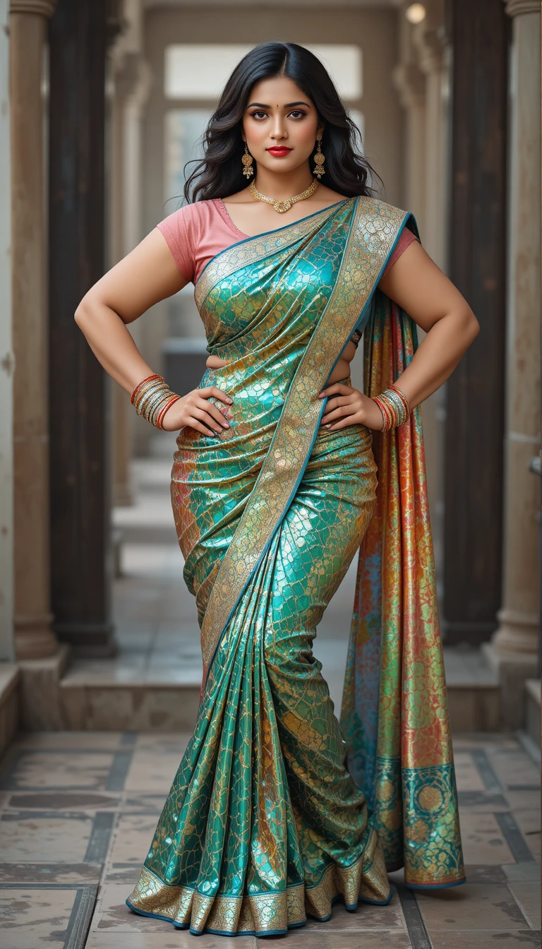 Mujer india con sari espejo brillante y joyería de novia