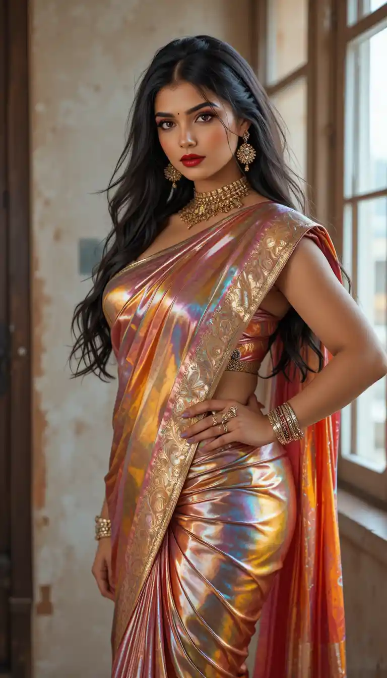 Tamil woman in glossy mirror saree bending in full body pose