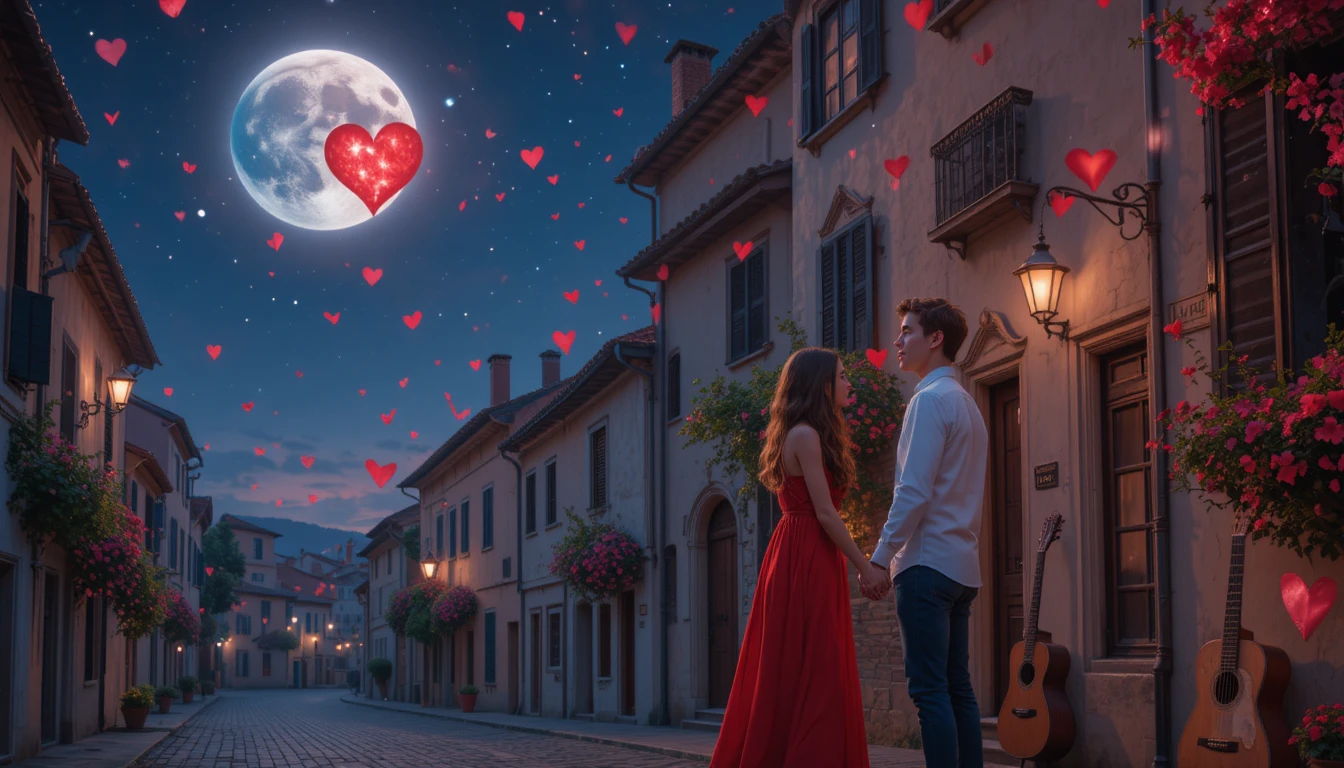 Pareja italiana romántica bajo un cielo de medianoche lleno de corazones