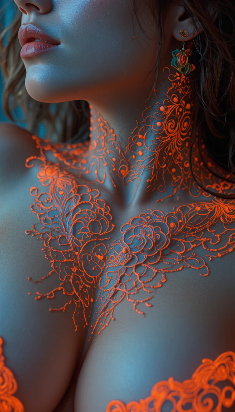 Primer plano con luz de neón de un cuello y hombro femenino decorados